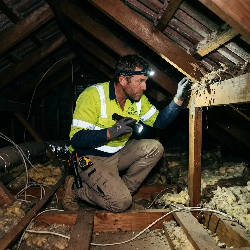 Technician inspecting a roof cavity for a dead animal in Footscray