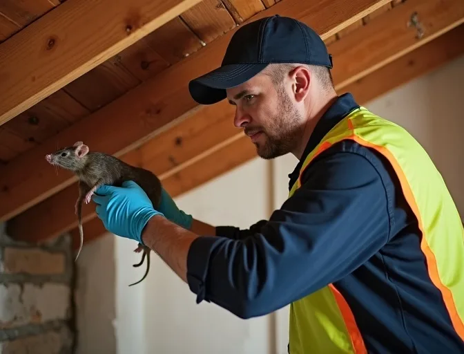 Technician inspecting a roof cavity for a dead rat in Footscray